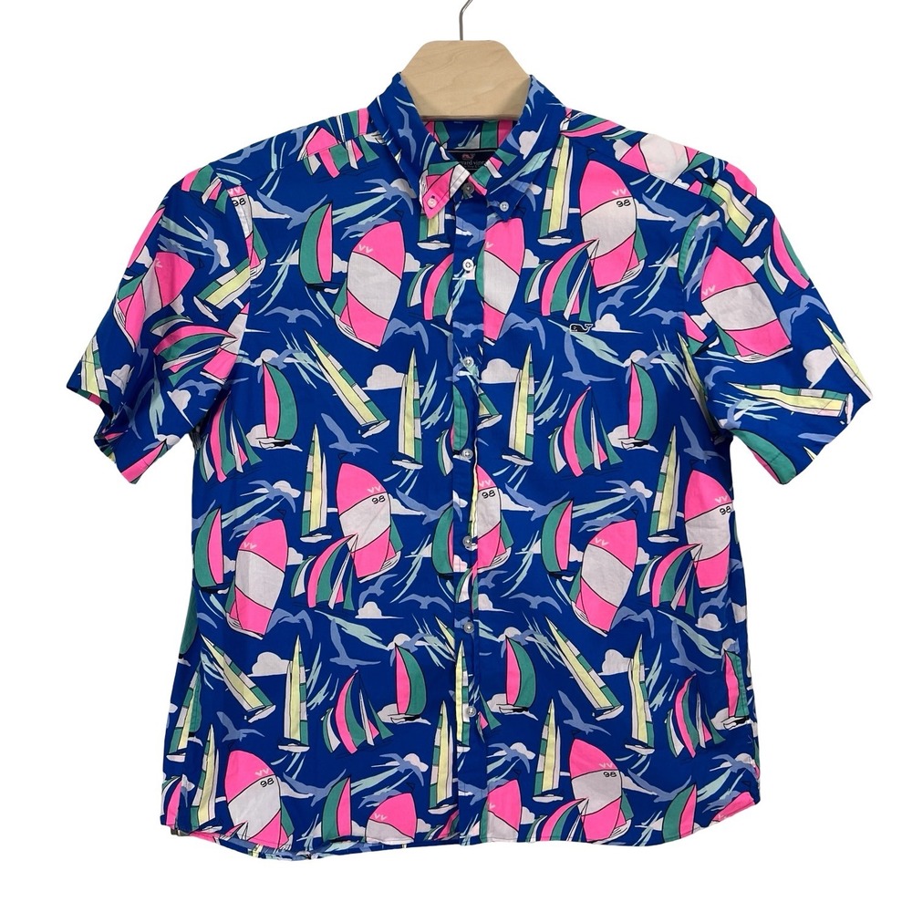 Vineyard Vines Mens XL Classic Fit Whale Shirt Blue Sailboat Print Button Down
